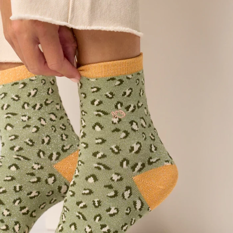 Chaussettes pailletées en coton peigné léopard - Vert clair 37-40