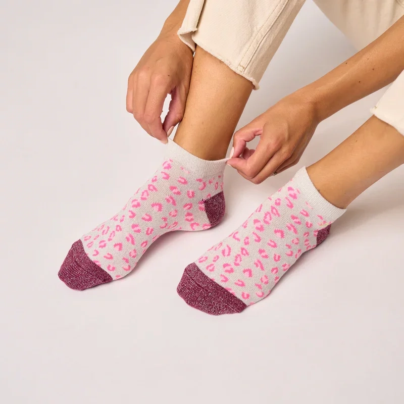 Socquettes pailletées en coton peigné léopard - Blanc et lie de vin 37-40