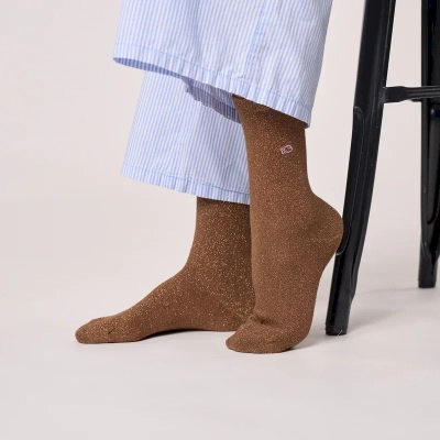 Chaussettes pailletées en coton peigné unies - Marron 37-40