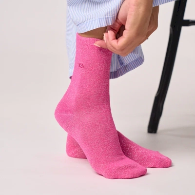 Chaussettes pailletées en coton peigné unies - Rose néon 37-40