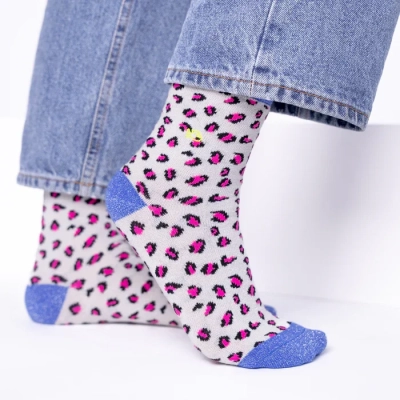 Chaussettes pailletées en coton peigné léopard - Blanc et bleu 37-40